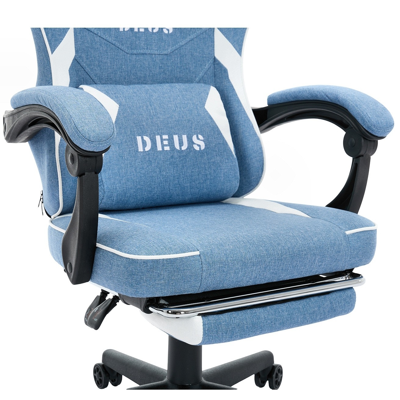 Fotel Gamingowy DEUS EDGE Light Blue Tkanina Podnóżek Regulowany