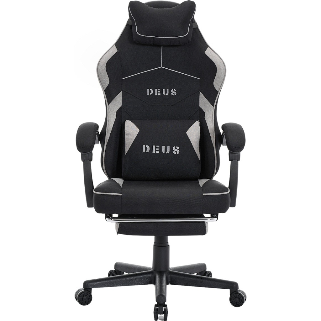 Fotel gamingowy DEUS EDGE z tkaniną i wysuwanym podnóżkiem — ergonomiczny fotel biurowy 360° (czarny)