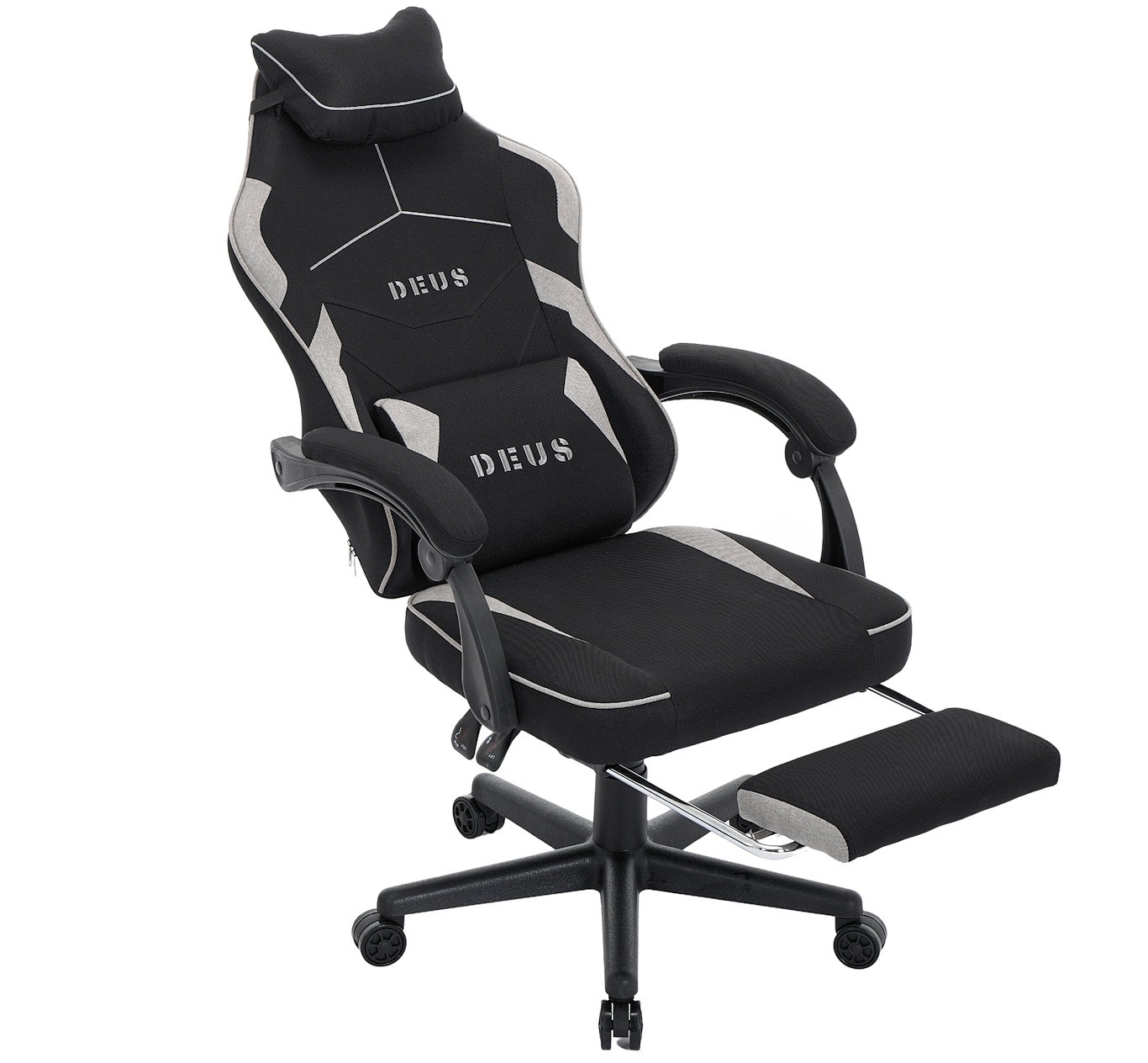 Fotel gamingowy DEUS EDGE z tkaniną i wysuwanym podnóżkiem — ergonomiczny fotel biurowy 360° (czarny)