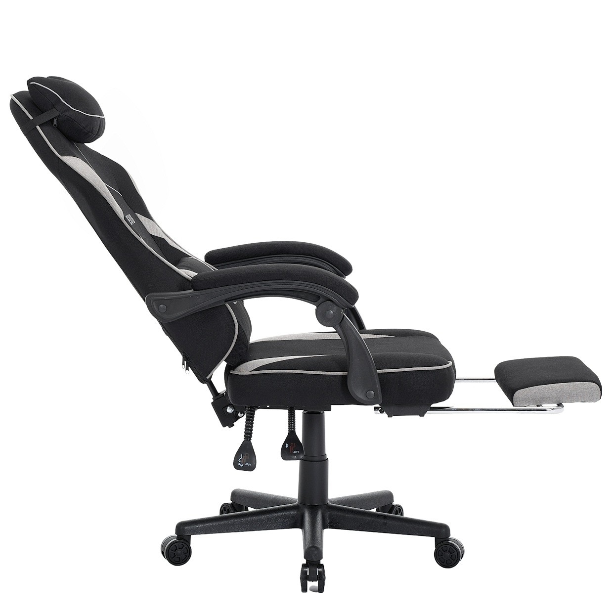 Fotel gamingowy DEUS EDGE z tkaniną i wysuwanym podnóżkiem — ergonomiczny fotel biurowy 360° (czarny)