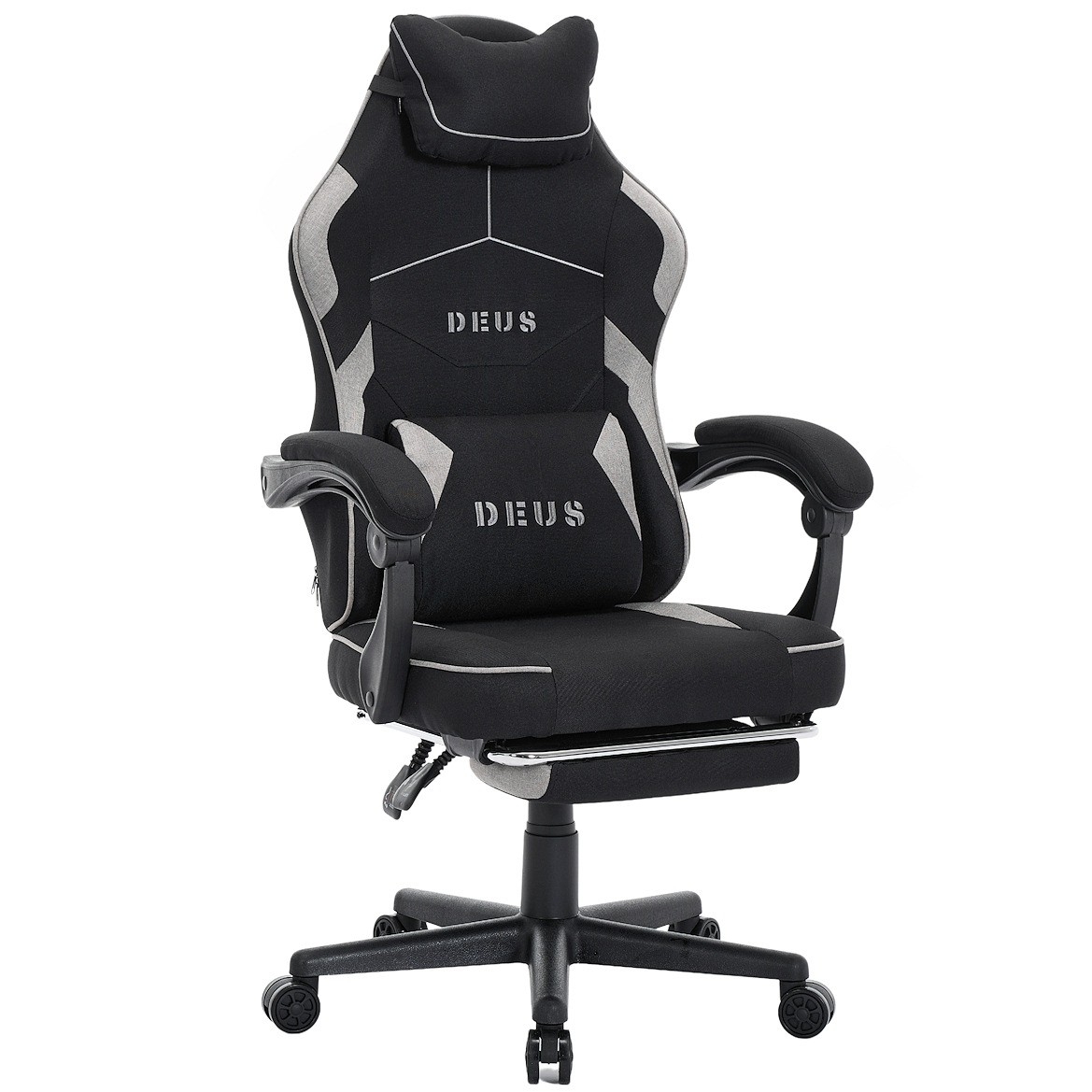 Fotel gamingowy DEUS EDGE z tkaniną i wysuwanym podnóżkiem — ergonomiczny fotel biurowy 360° (czarny)