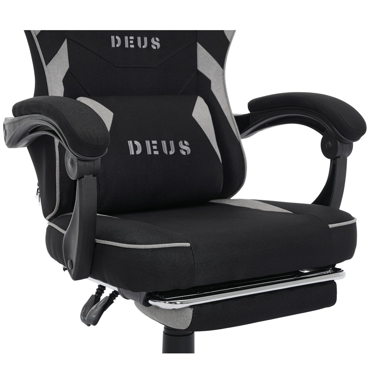 Fotel gamingowy DEUS EDGE z tkaniną i wysuwanym podnóżkiem — ergonomiczny fotel biurowy 360° (czarny)
