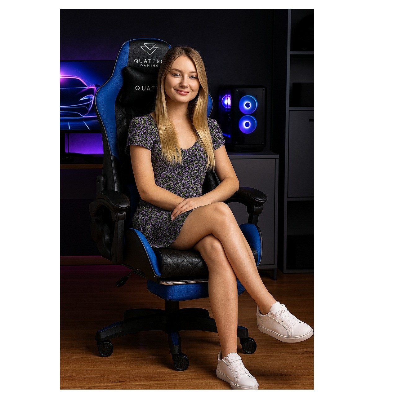 Fotel Gamingowy z Podnóżkiem Eco Skóra QUATTRO Blue
