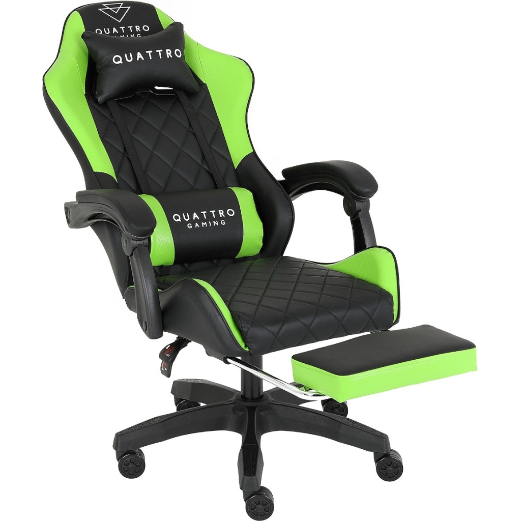Fotel Gamingowy Quattro Carbon Green Pikowany Premium z Podnóżkiem