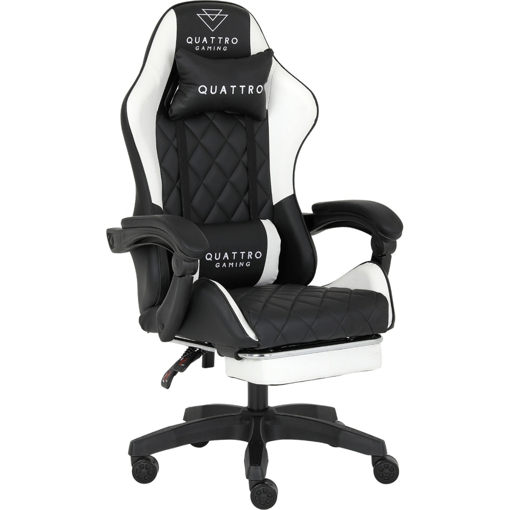 Fotel Gamingowy Quattro White Podnóżek Pikowany Eco Skóra Premium