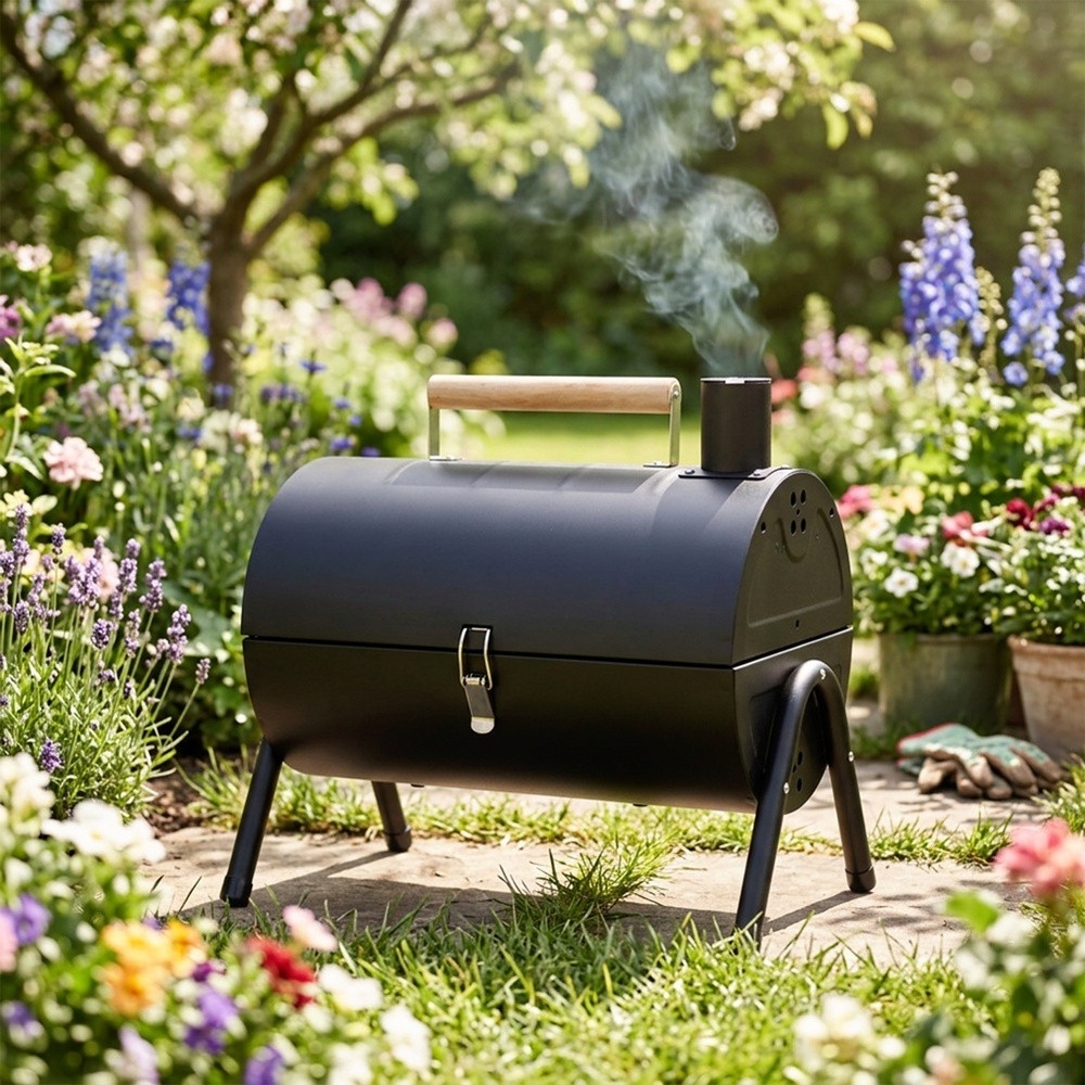 Grill węglowy stalowy z kominem podwójny ruszt przenośny 41x25x38 cm