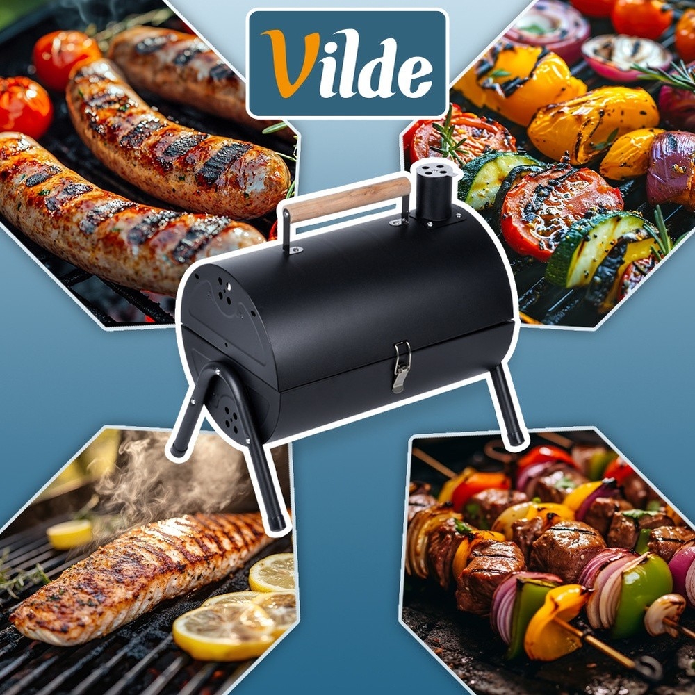 Grill węglowy stalowy z kominem podwójny ruszt przenośny 41x25x38 cm