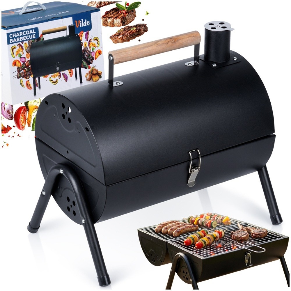 Grill węglowy stalowy z kominem podwójny ruszt przenośny 41x25x38 cm