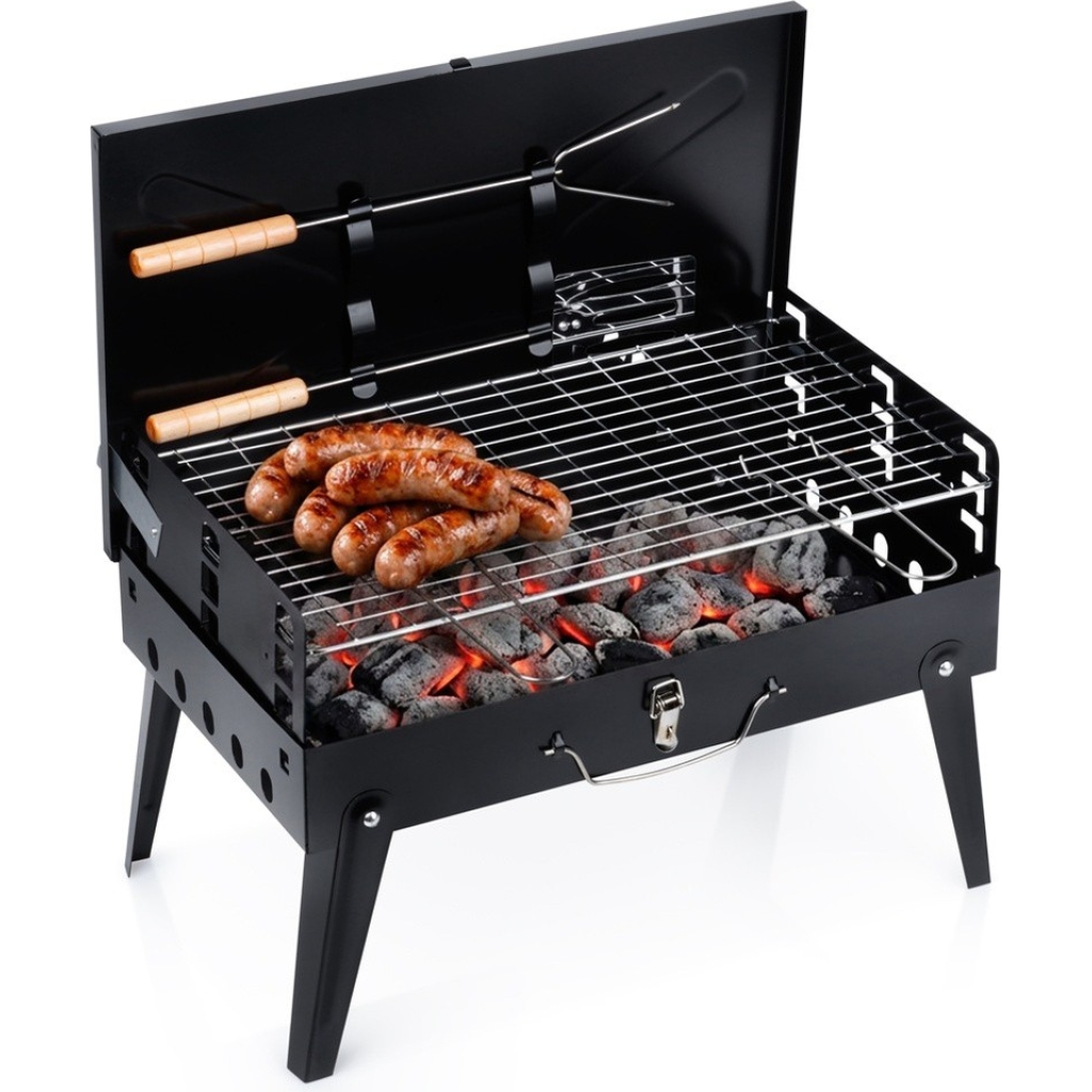 Grill węglowy składany przenośny walizka z przyborami 43x26x29 cm
