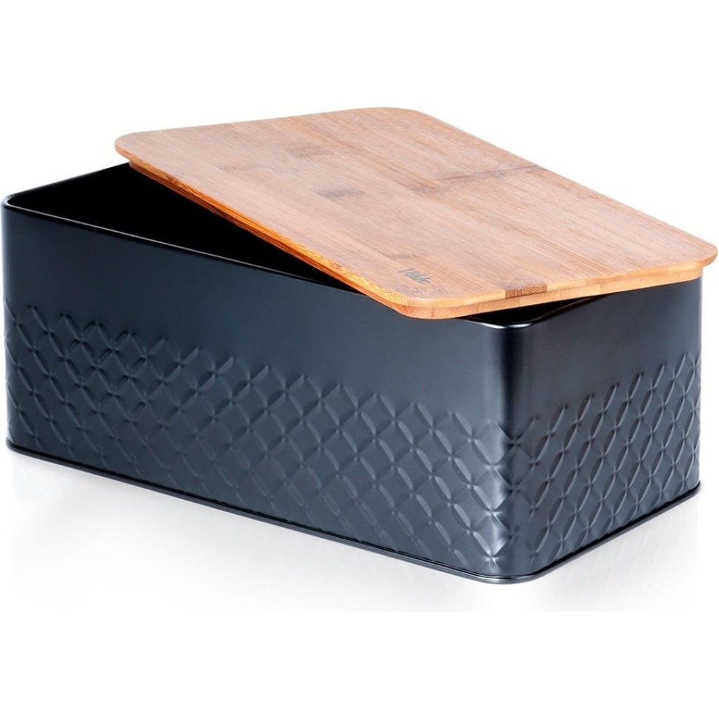Chlebak metalowy z deską drewnianą czarny 33,5x18,5x12,5 cm