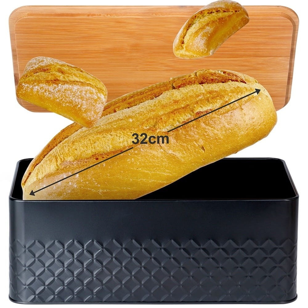 Chlebak metalowy z deską drewnianą czarny 33,5x18,5x12,5 cm