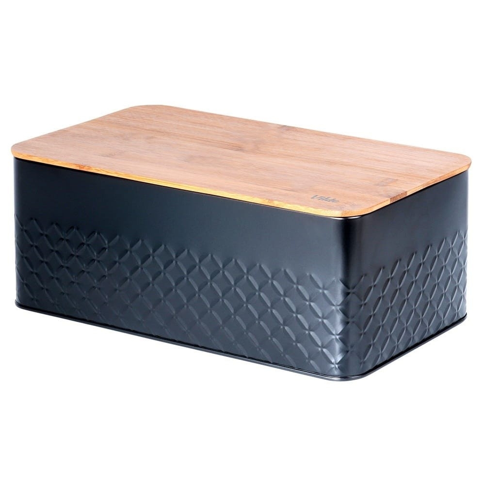 Chlebak metalowy z deską drewnianą czarny 33,5x18,5x12,5 cm